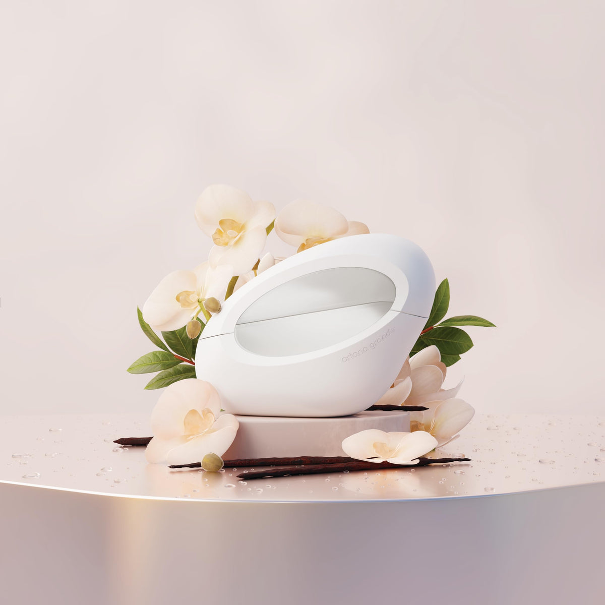 Ariana Grande MOD Vanilla lifestyle on dresser with outfit, shows wearable evening vibe