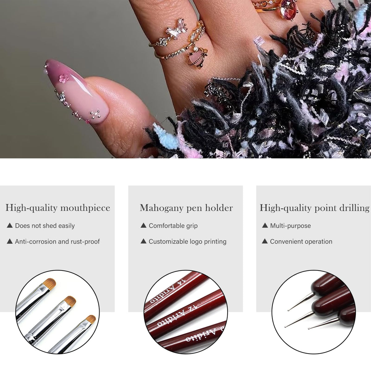 Aridito brushes beside a hand for scale showing tool size and portability