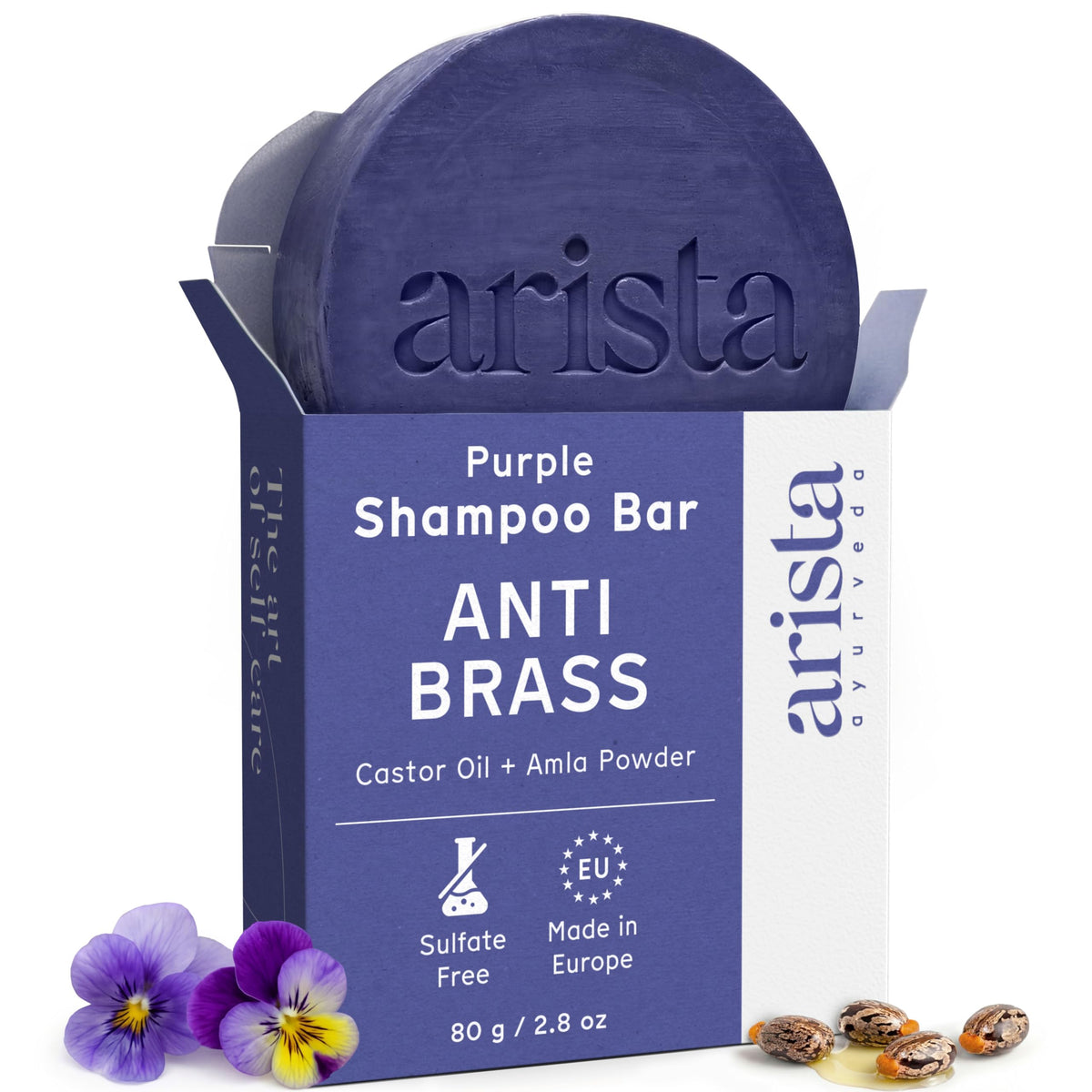Arista ayurveda front packaging showing purple shampoo bar and benefits