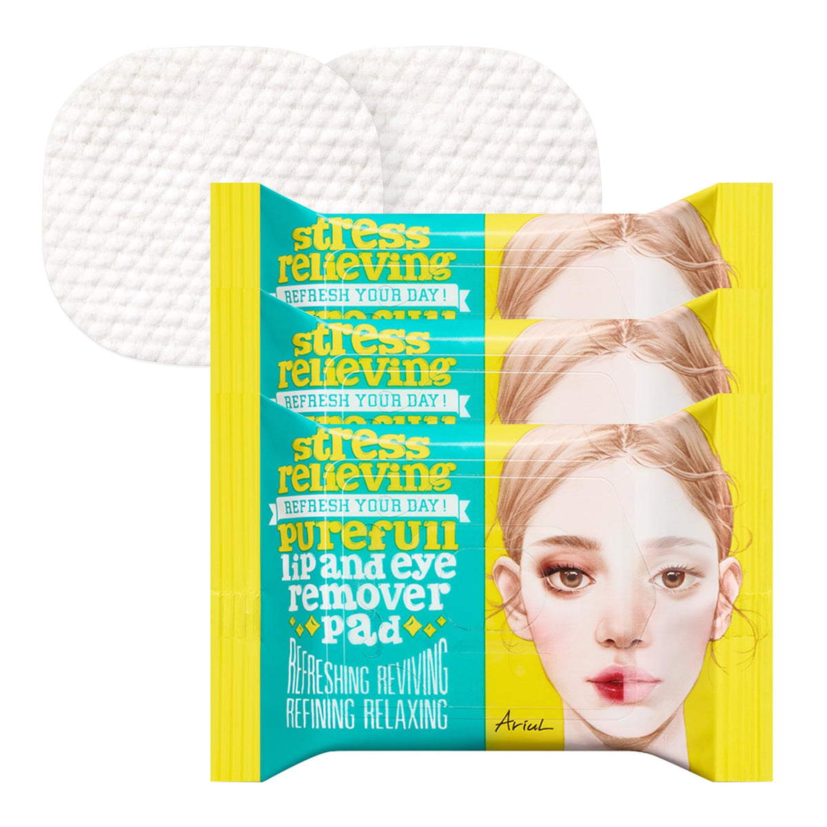Ariul front packaging pouch showing compact three‑pack, travel convenience