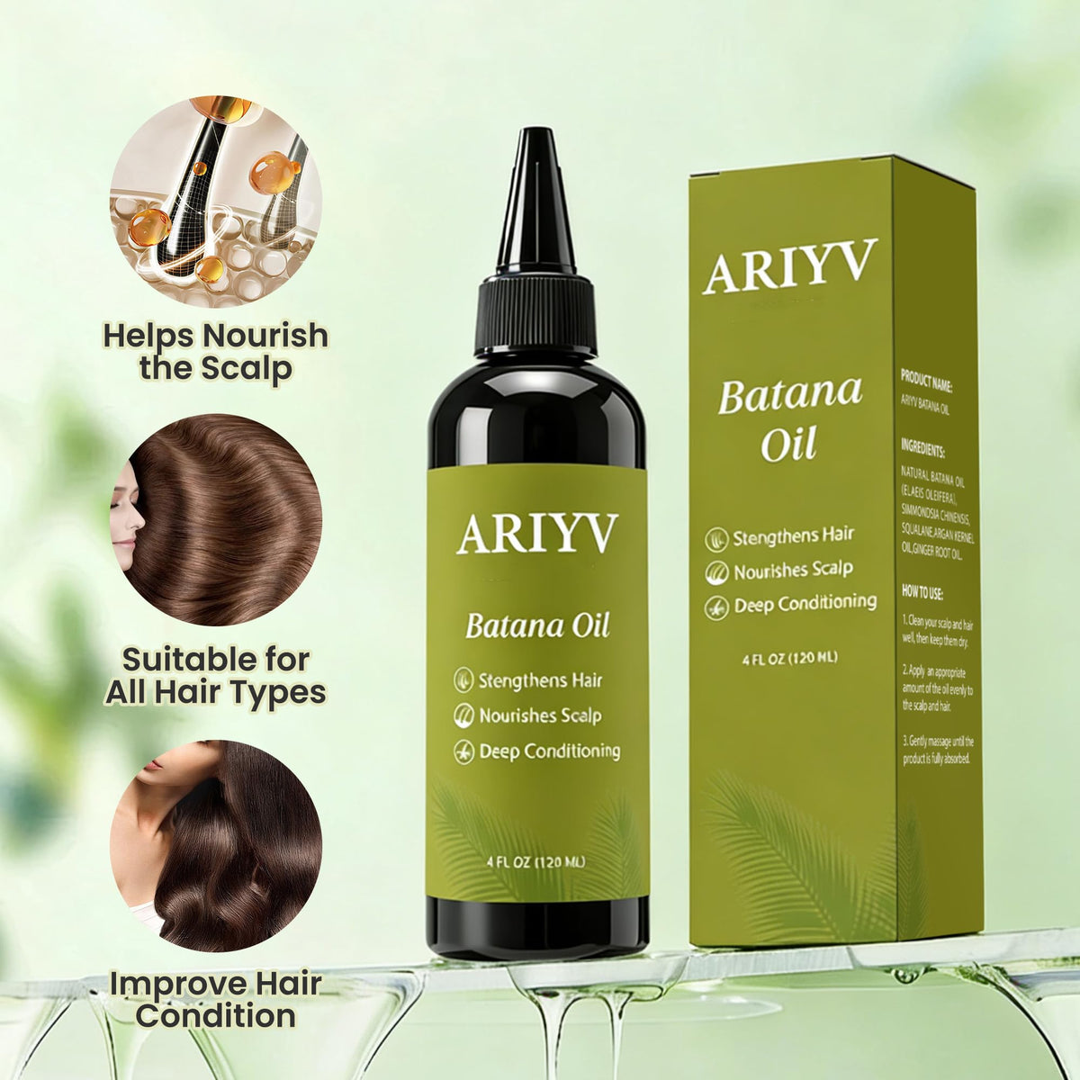 Ariyv oil on a bathroom shelf in a lifestyle scene indicating daily routine use