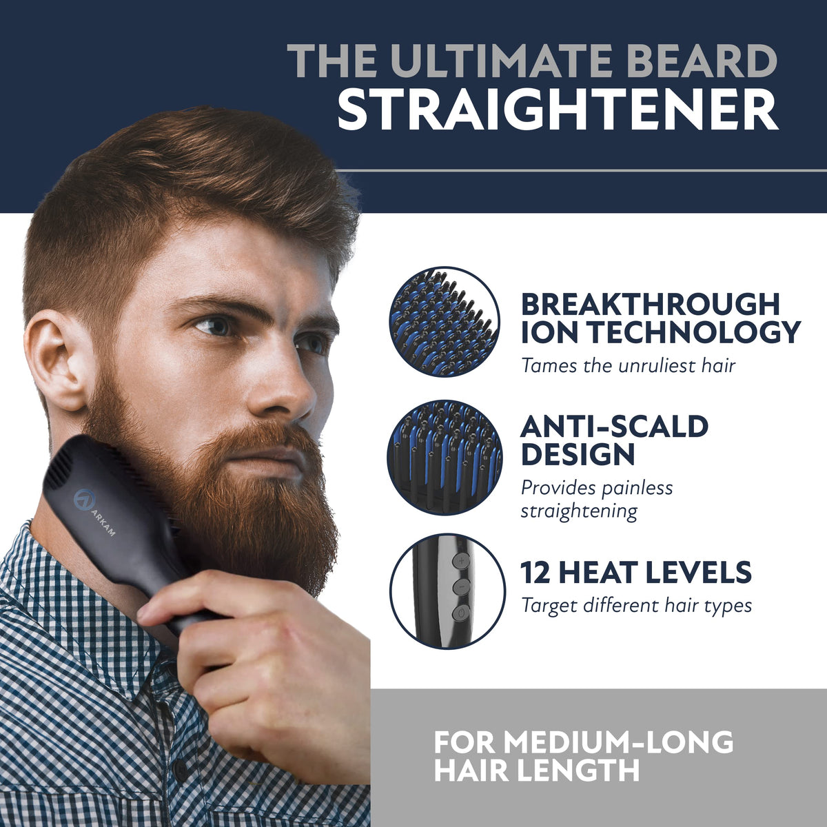 Arkam beard brush digital display close-up showing 12 heat levels for tailored styling