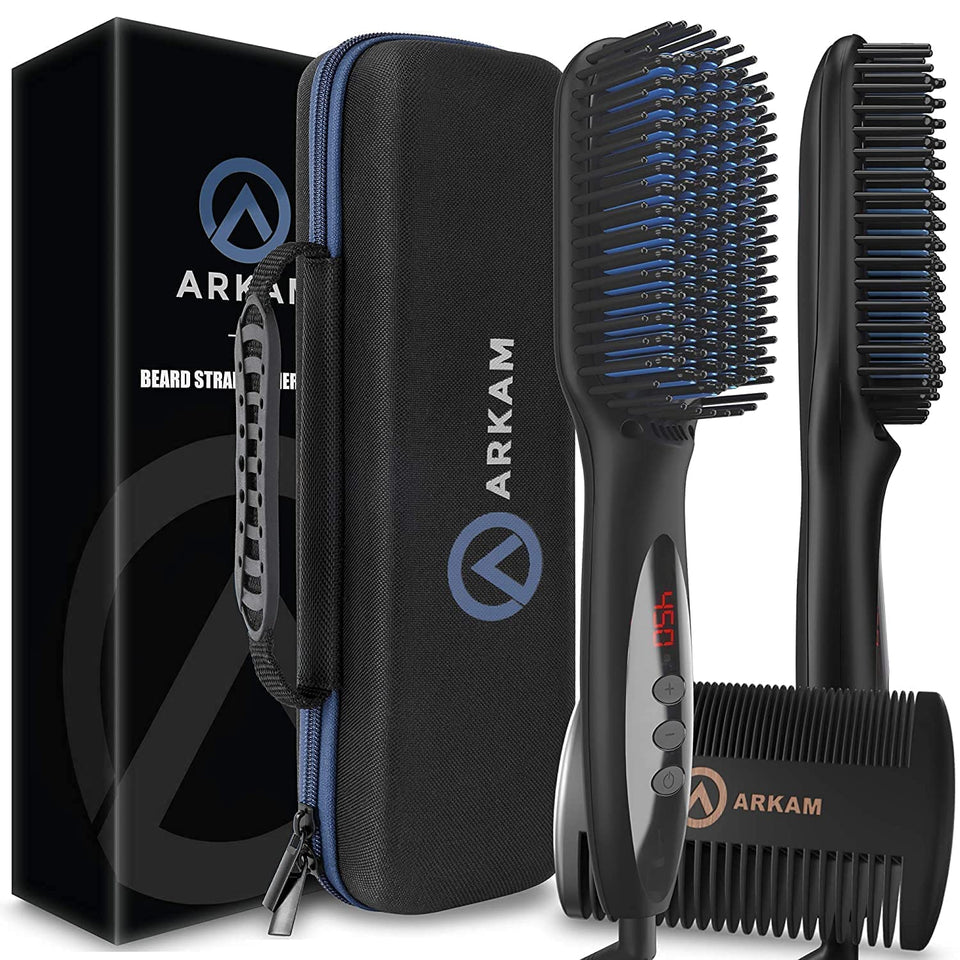 Arkam beard straightener front view showing controls and sleek design for fast styling