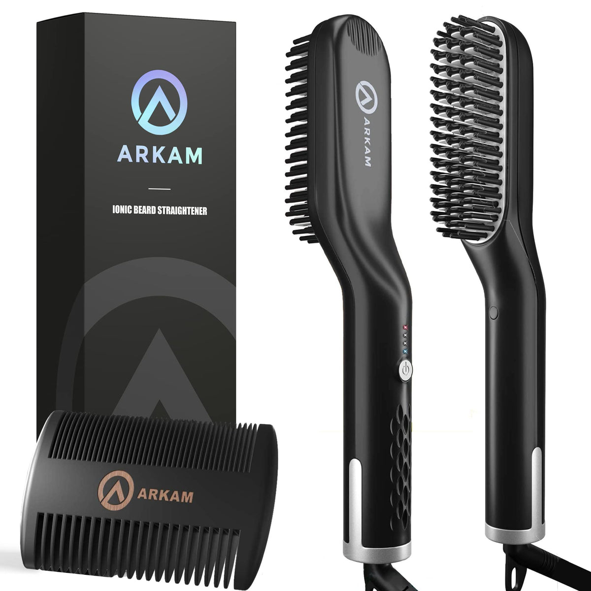 Arkam front view of heated beard brush kit showing complete grooming set and convenience