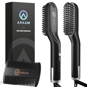 Arkam front view of heated beard brush kit showing complete grooming set and convenience