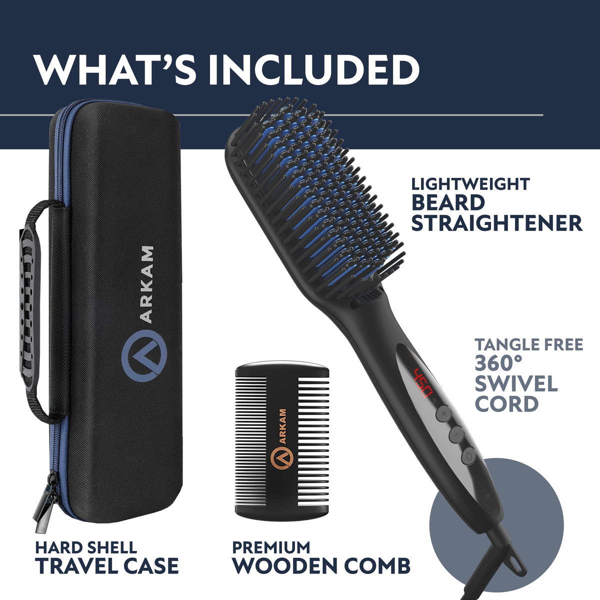 Arkam hard-shell travel case open with brush and comb for secure transport