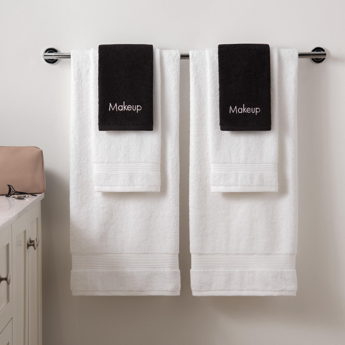Arkwright LLC towels displayed on bathroom vanity showing organized, modern storage benefit