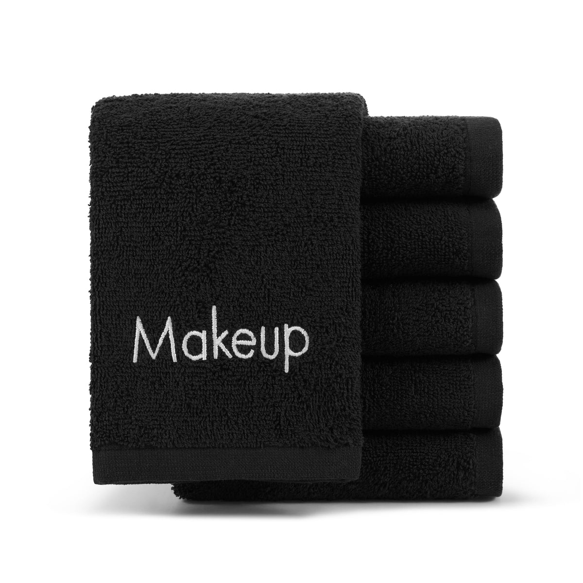 Arkwright LLC front packaging of six black cotton makeup remover cloths showing set benefit