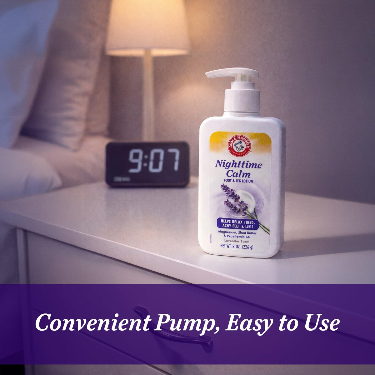 Arm & Hammer bottle on nightstand illustrating bedtime routine convenience