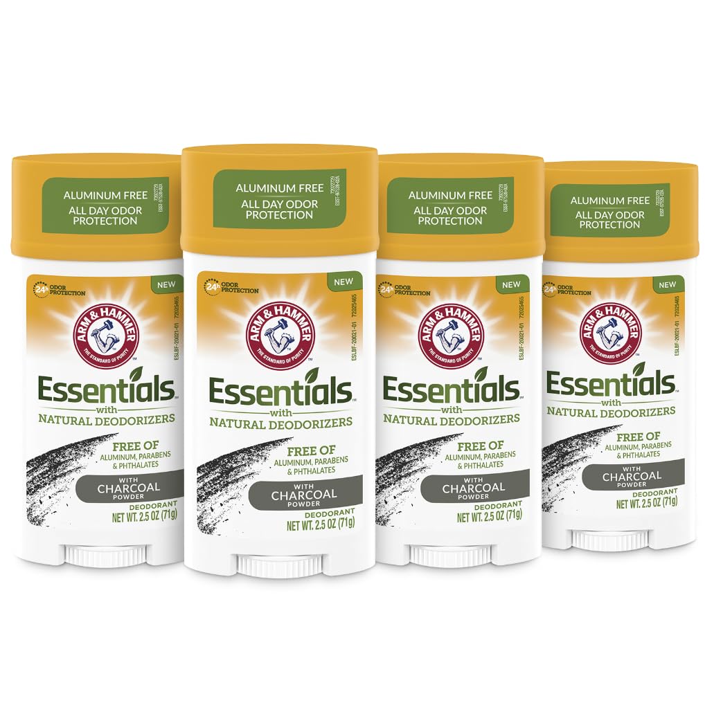 Arm & Hammer Essentials charcoal front pack showing four sticks and branding benefit odor control