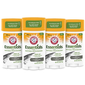 Arm & Hammer Essentials charcoal front pack showing four sticks and branding benefit odor control