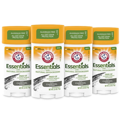 Arm & Hammer Essentials charcoal front pack showing four sticks and branding benefit odor control