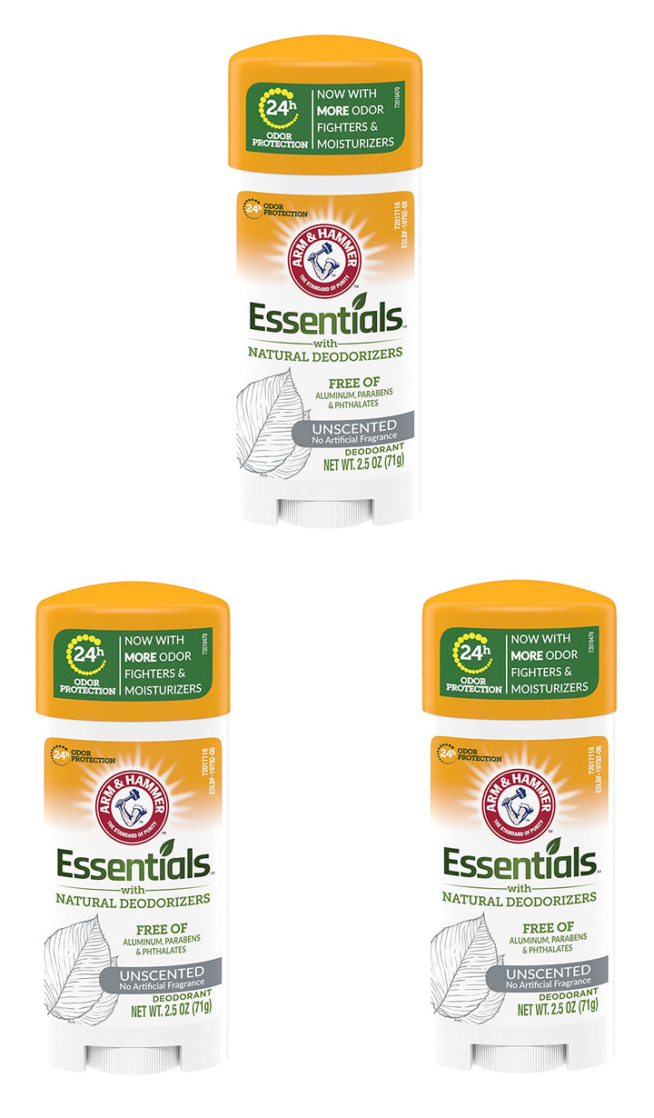 Arm & Hammer front packaging showing unscented three-pack freshness