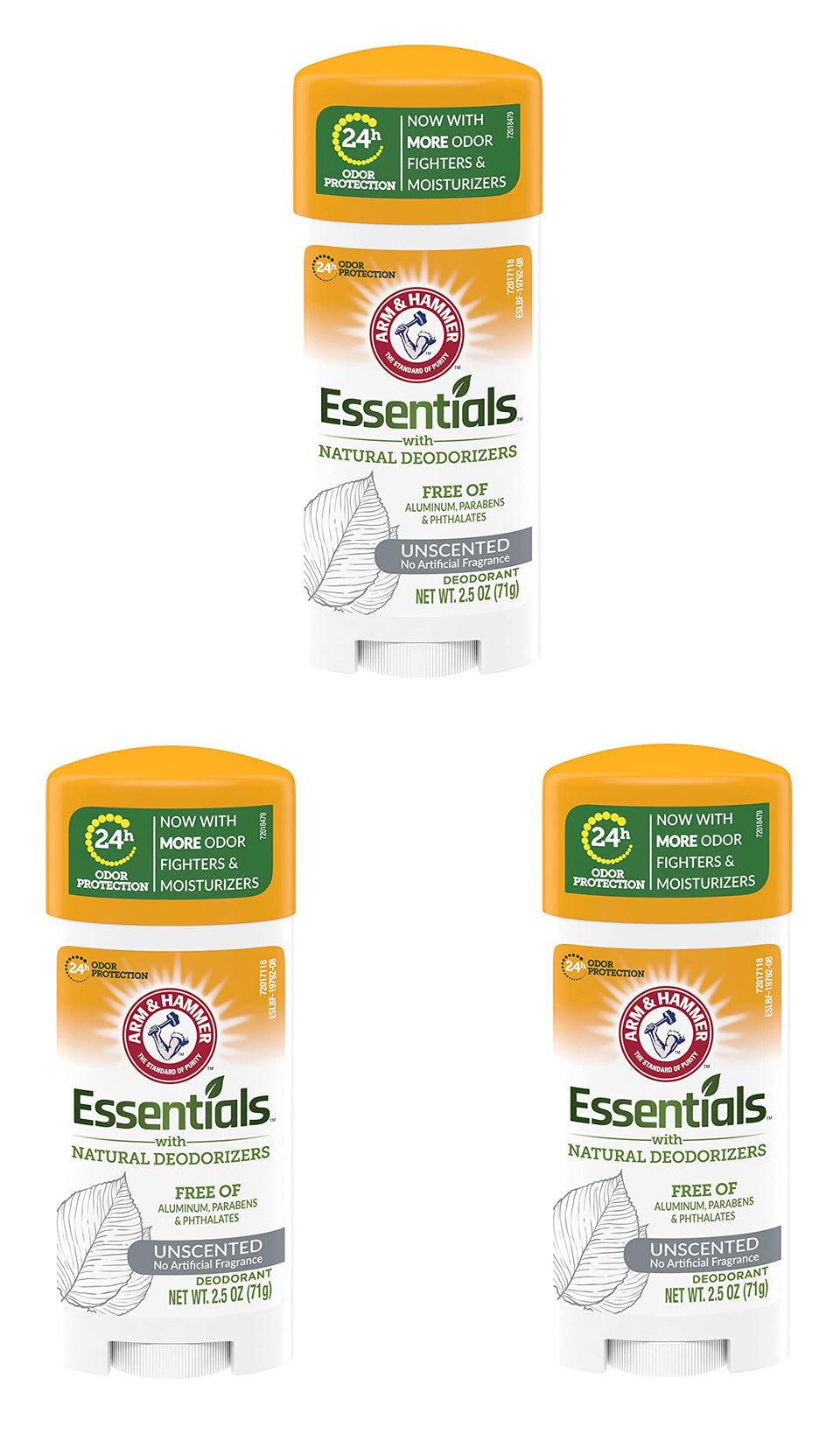 Arm & Hammer front packaging showing unscented three-pack freshness