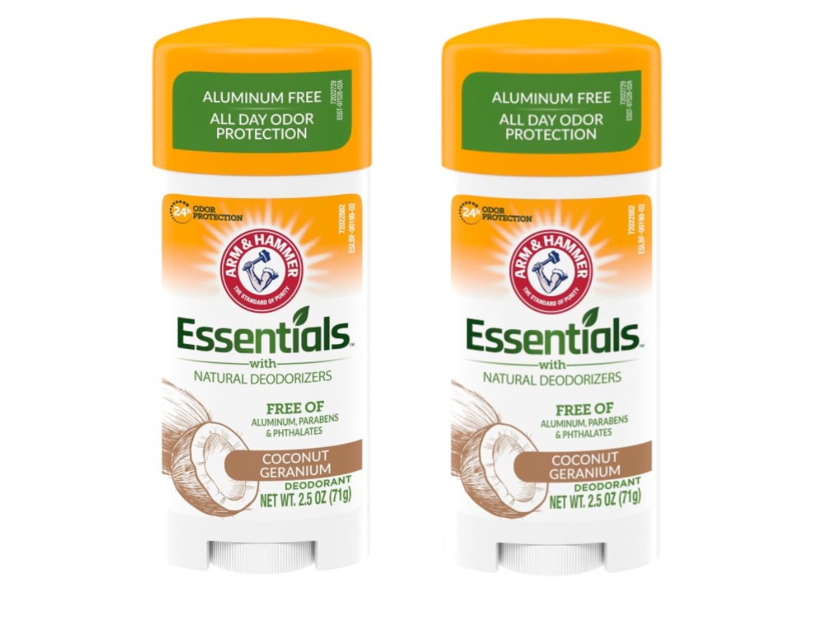 Arm & Hammer front packaging showing three coconut geranium sticks and product benefit