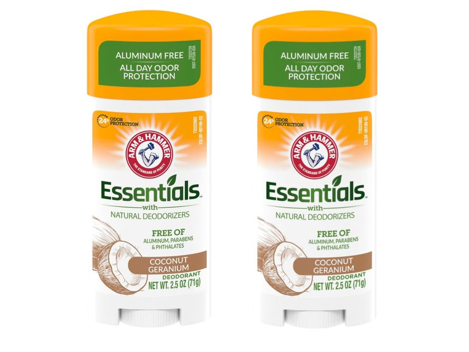 Arm & Hammer front packaging showing three coconut geranium sticks and product benefit