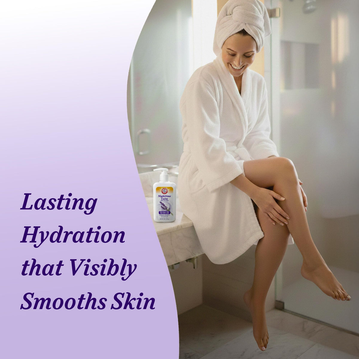 Arm & Hammer bottle with lavender sprig highlighting relaxing scent benefit