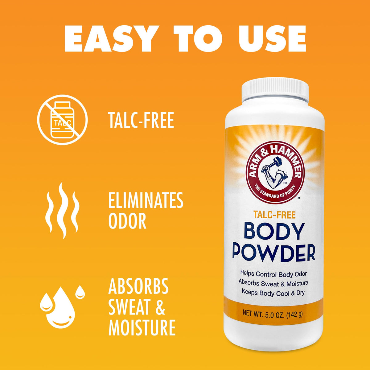 Arm & Hammer open shaker revealing fine talc-free powder texture for absorbency