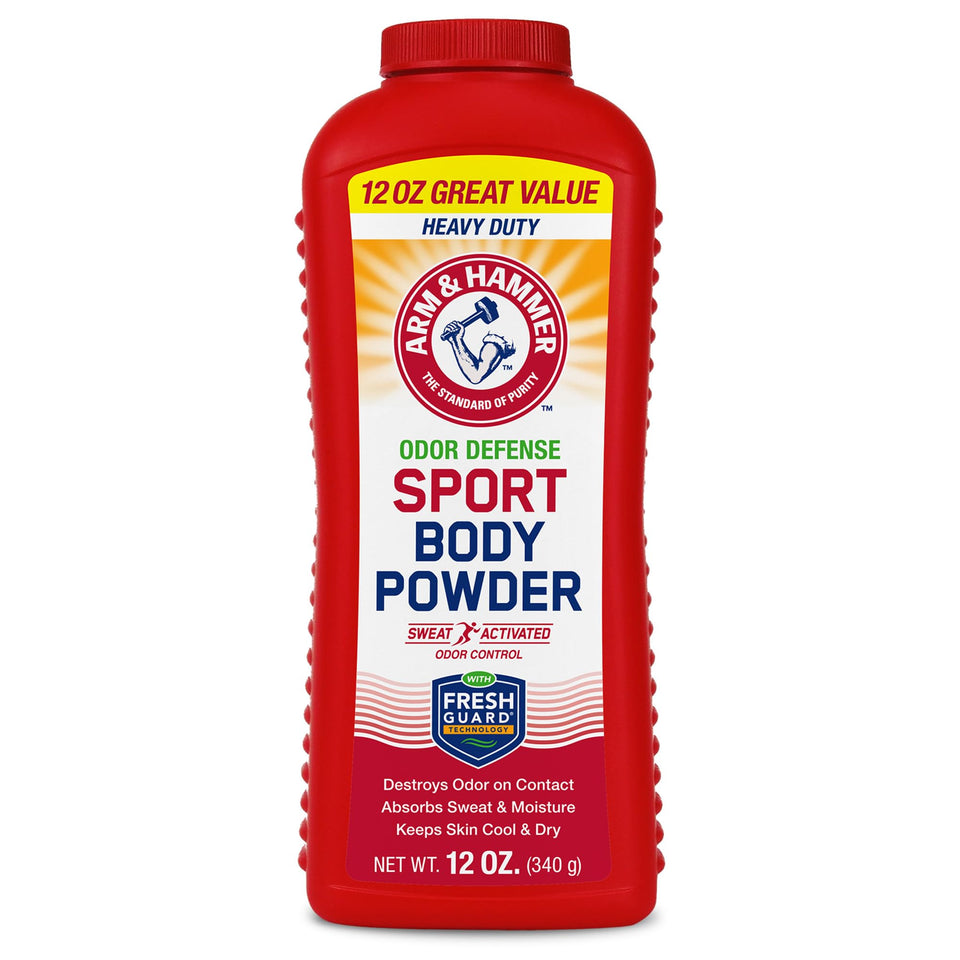 Arm & Hammer front packaging showing sport body powder and freshness benefit