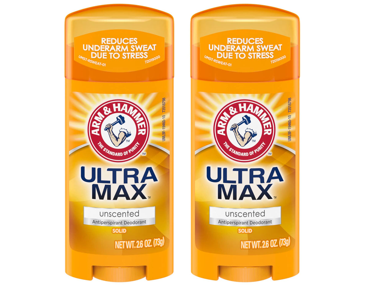 Arm & Hammer Ultramax front packaging showing unscented two-stick pack and benefit