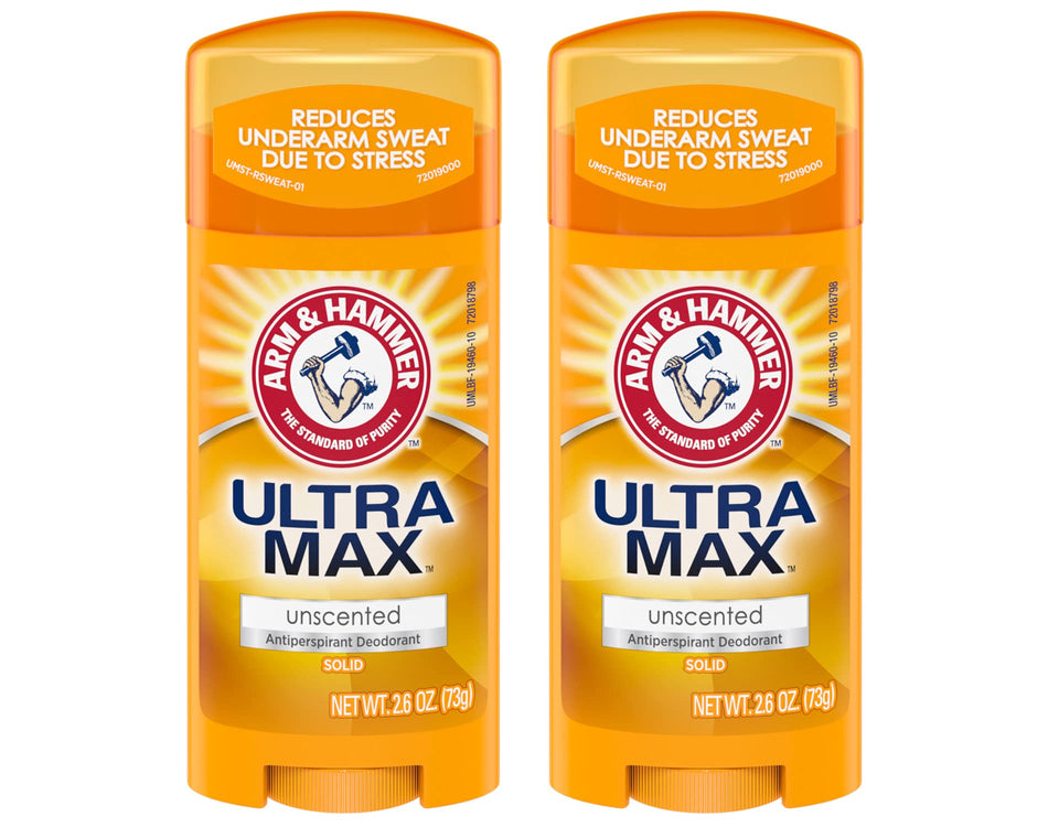 Arm & Hammer Ultramax front packaging showing unscented two-stick pack and benefit