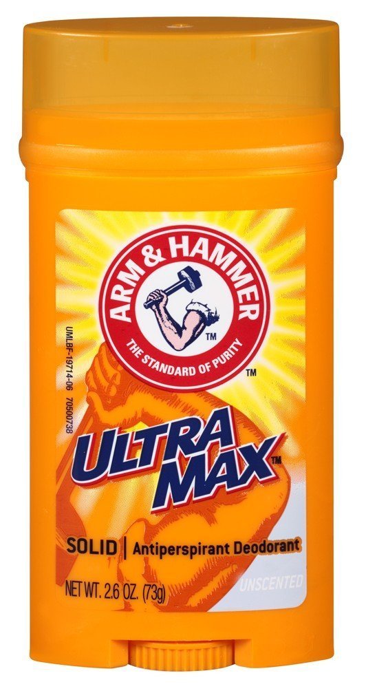 Arm & Hammer Ultramax front packaging showing unscented benefit and dry application