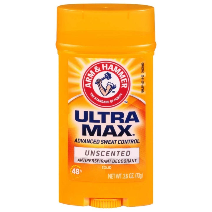 Arm & Hammer Ultramax front view of unscented stick showing label and dry finish