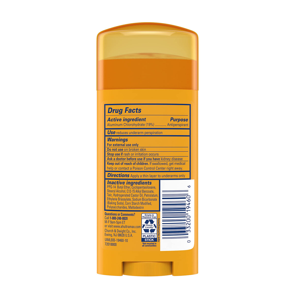 Arm & Hammer Ultramax side label detail highlighting ingredients, directions, and protection benefit