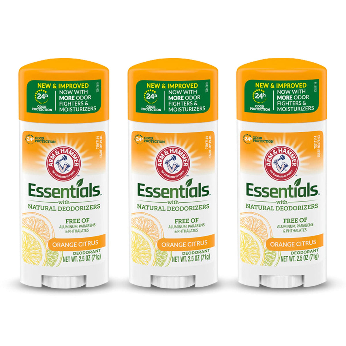 Arm & Hammer front-packaging showing orange citrus label and three-stick value pack for convenience