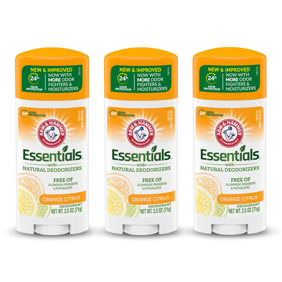 Arm & Hammer front-packaging showing orange citrus label and three-stick value pack for convenience