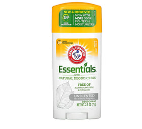 Arm & Hammer Essentials front packaging showing two unscented sticks for long-lasting supply
