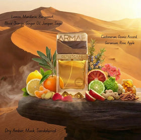 Armaf Dunescape notes display with fruits and woods showing bright ingredients