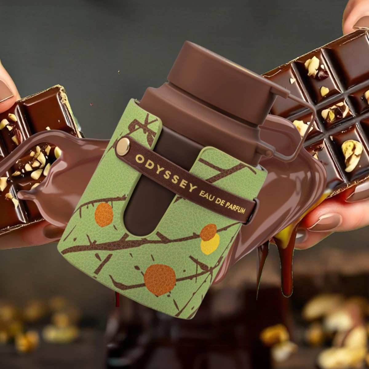 Armaf Odyssey Dubai Chocolat applied to wrist and neck showing pulse-point technique benefit: improved longevity