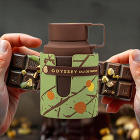 Armaf Odyssey Dubai Chocolat flatlay of coffee, chocolate, pistachio and cardamom highlighting composition benefit: gourmand complexity