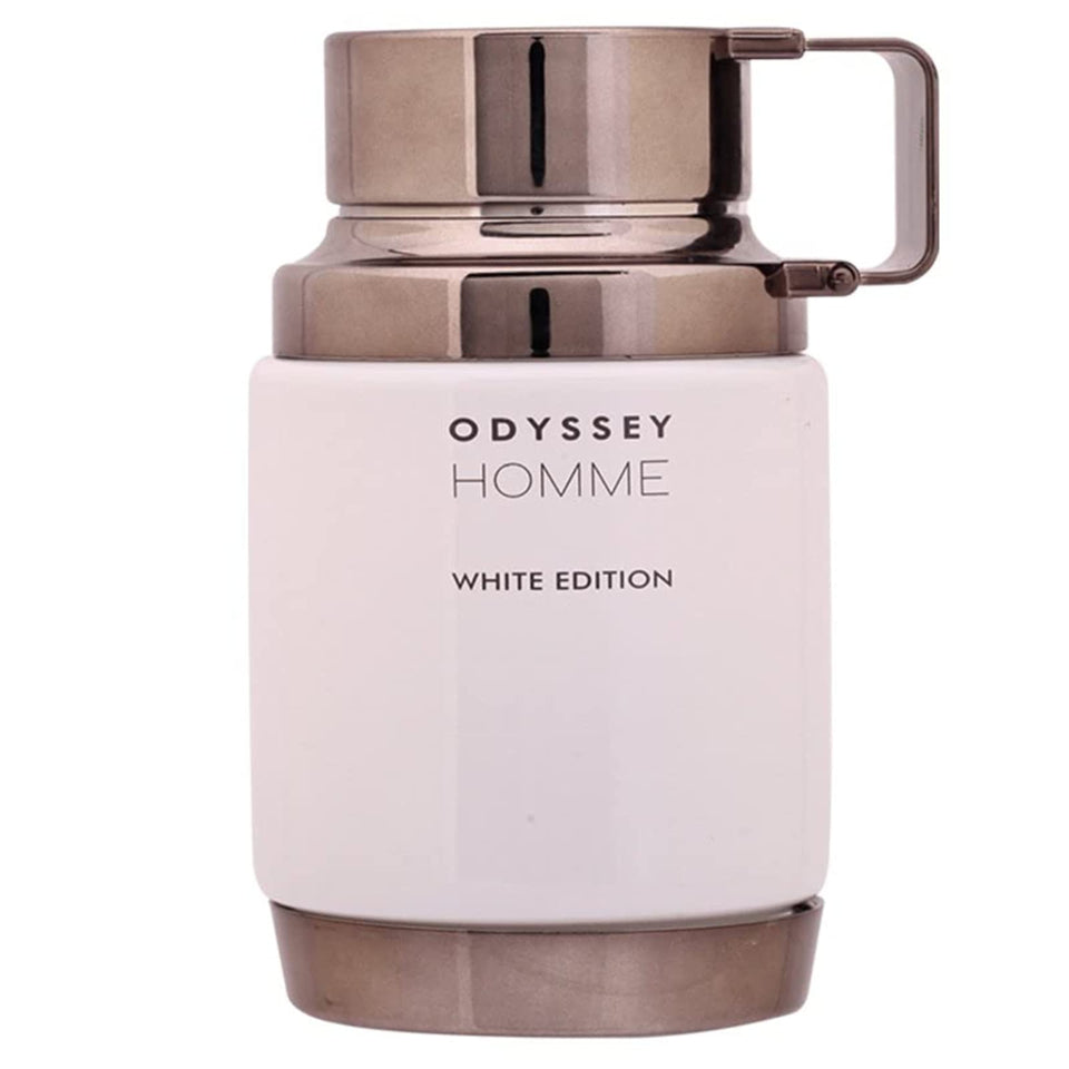 Armaf Odyssey Homme White front bottle shot showing elegant packaging and confidence
