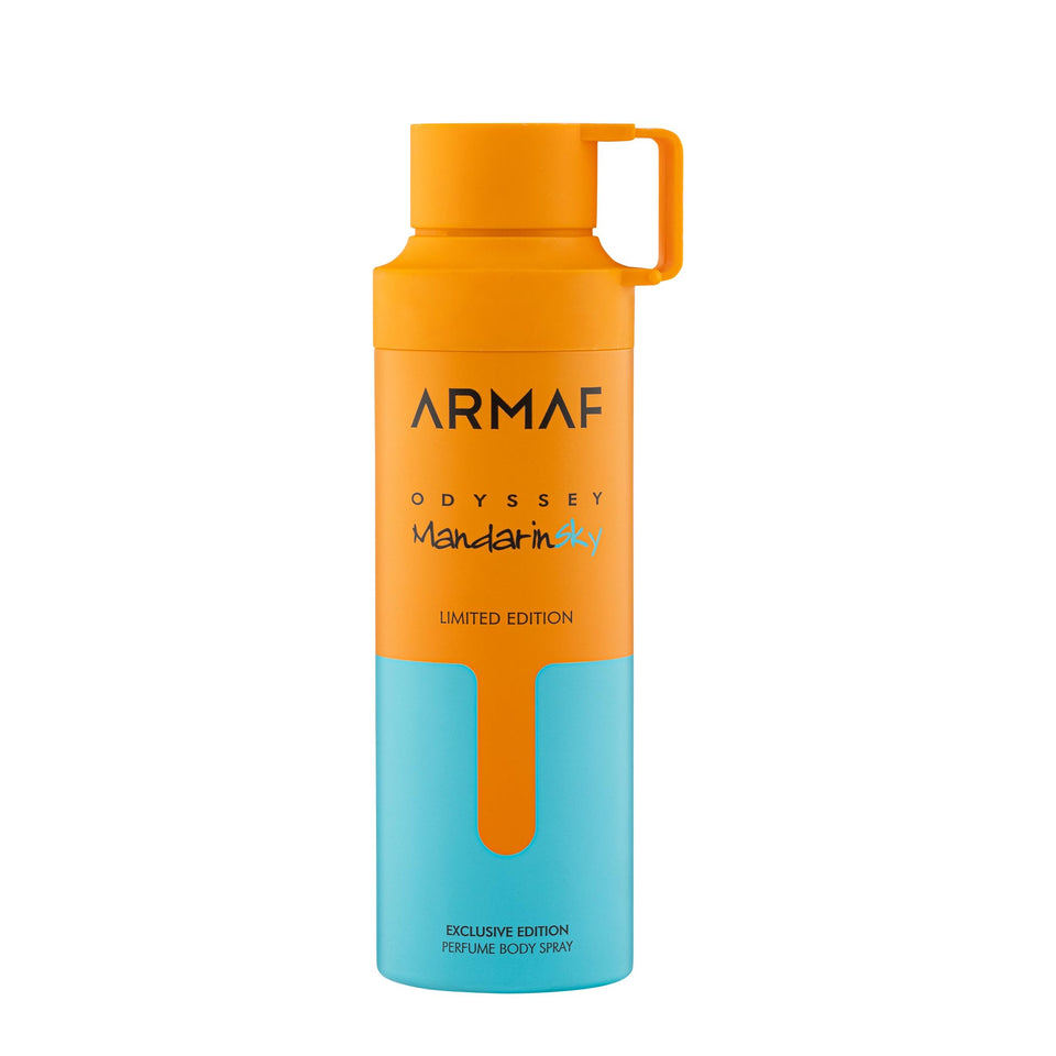 Armaf Odyssey Mandarin Sky front packaging showing citrus fresh appeal and easy spray