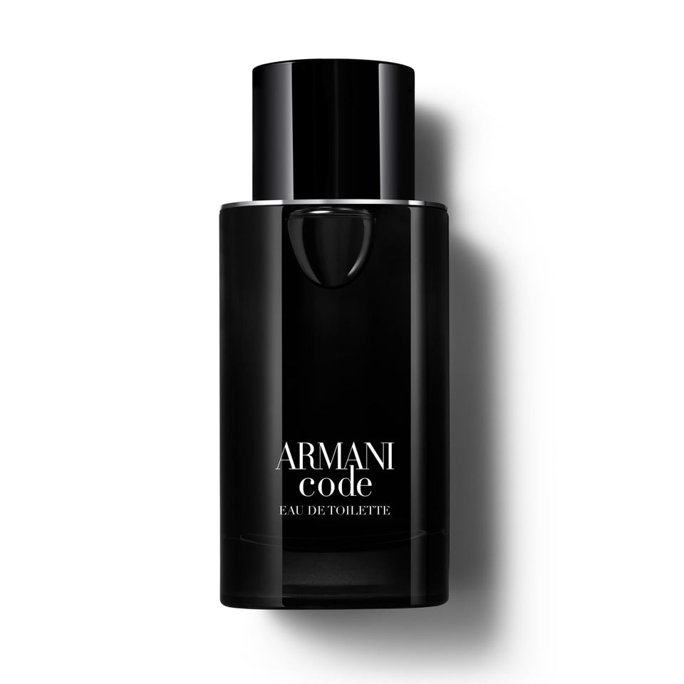 Armani Beauty front flacon showing sleek black bottle and silver accents, polished look
