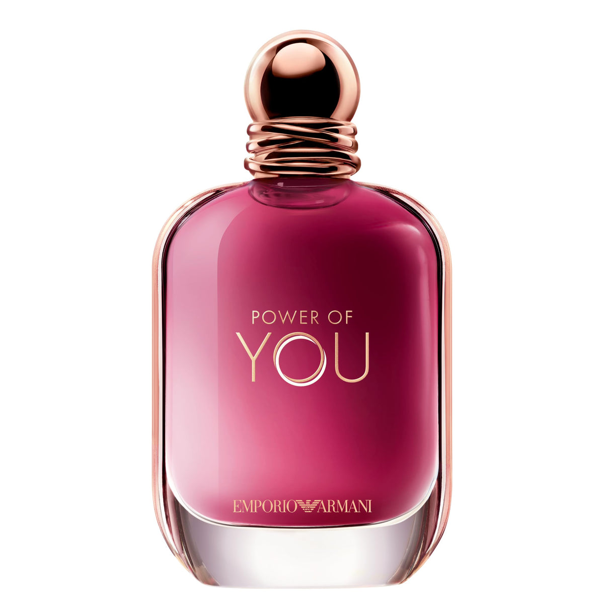 Armani Beauty front bottle view showcasing ruby tones and pink-gold trim for display
