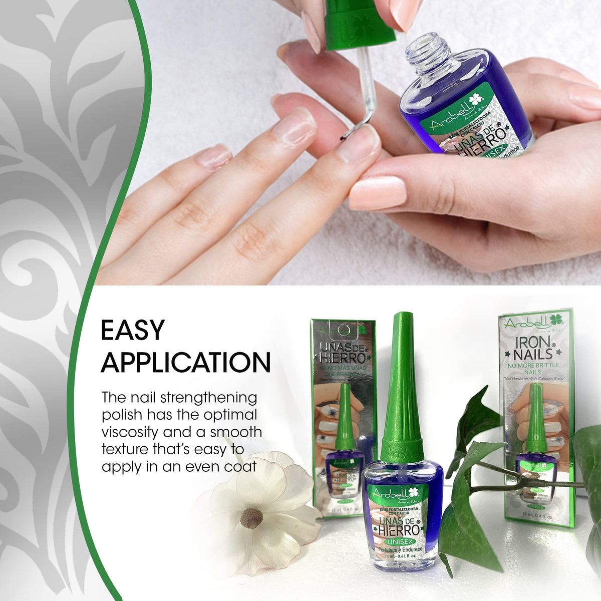 Arobell polish being applied on fingernails demonstrating easy use and protective layer