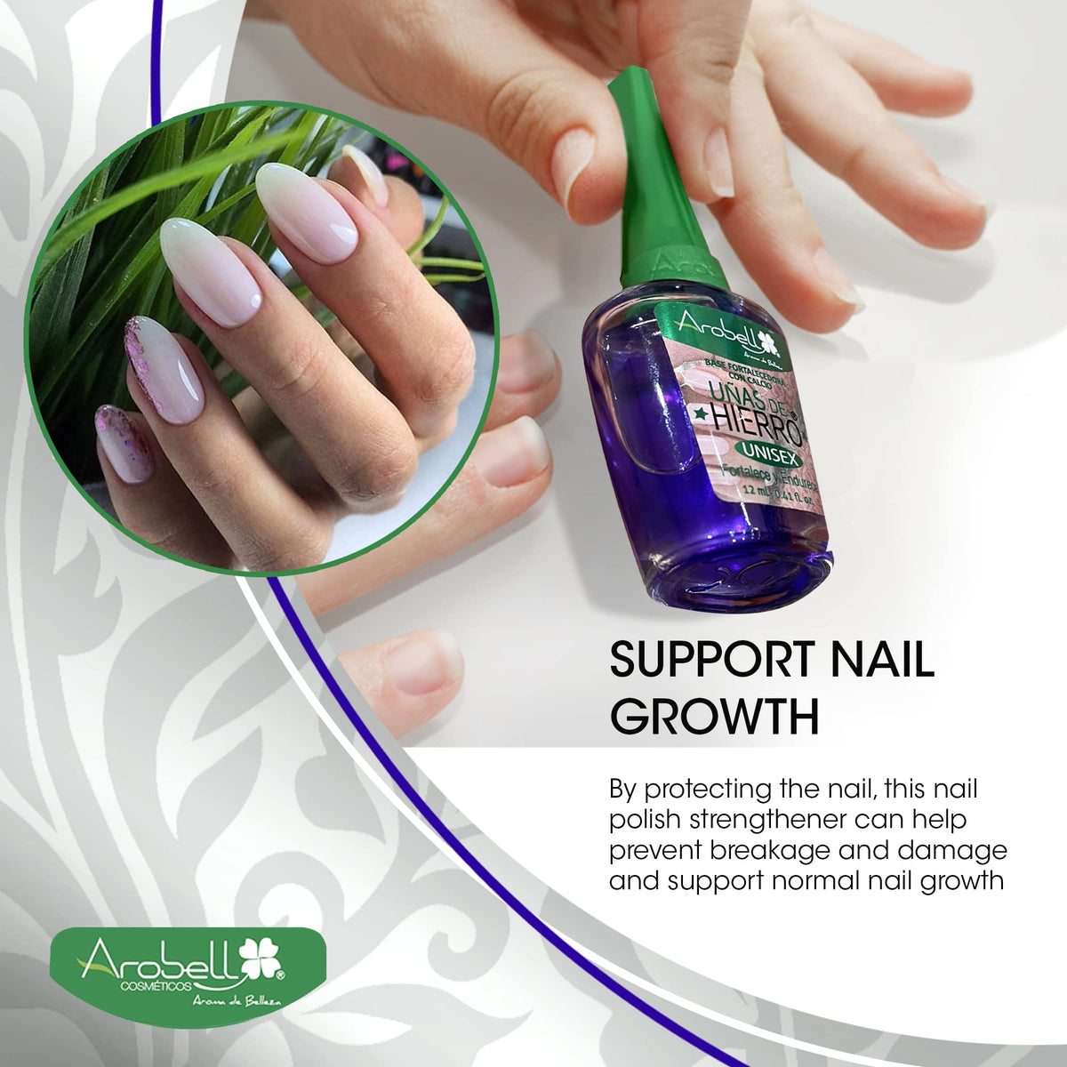 Arobell label ingredients closeup showing extracts and nutrient blend for nail strength