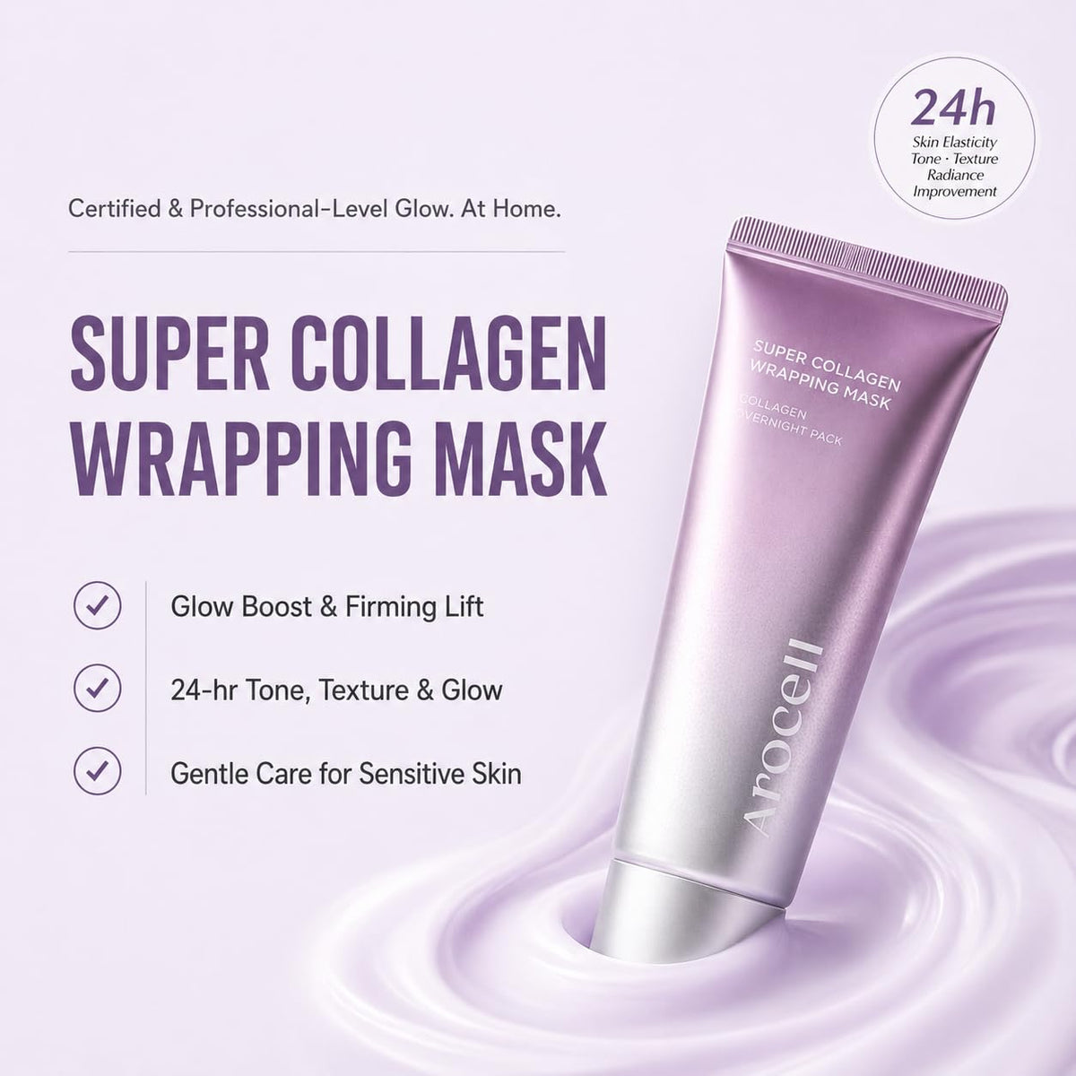 AROCELL mask texture close-up showing smooth collagen film and deep hydration benefit
