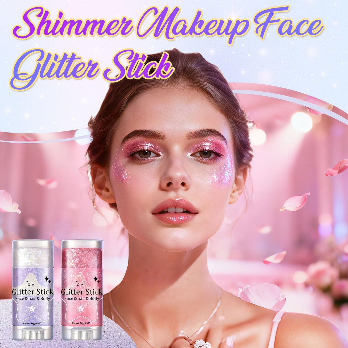 AROIC applying glitter stick across cheek for quick festival-ready highlight