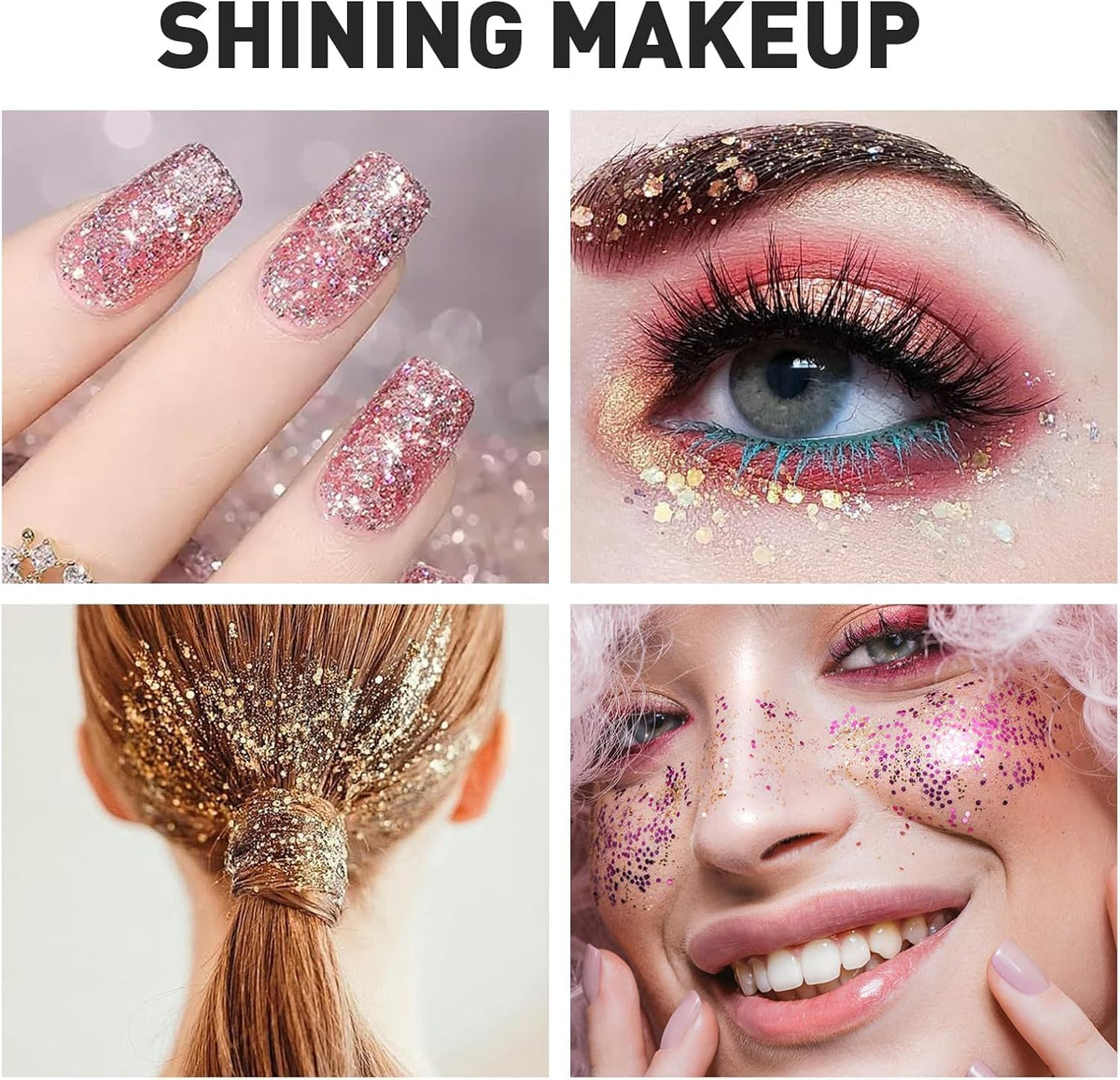 AROIC full-face festival makeup showcasing bold glitter application and coverage
