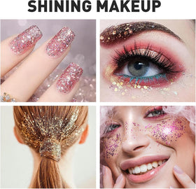 AROIC full-face festival makeup showcasing bold glitter application and coverage