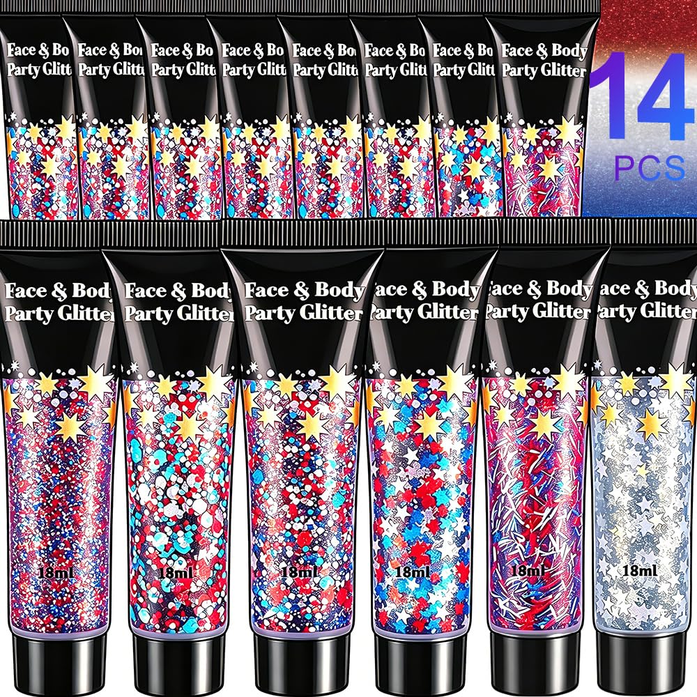 AROIC front packaging showing 14-piece patriotic glitter set and variety
