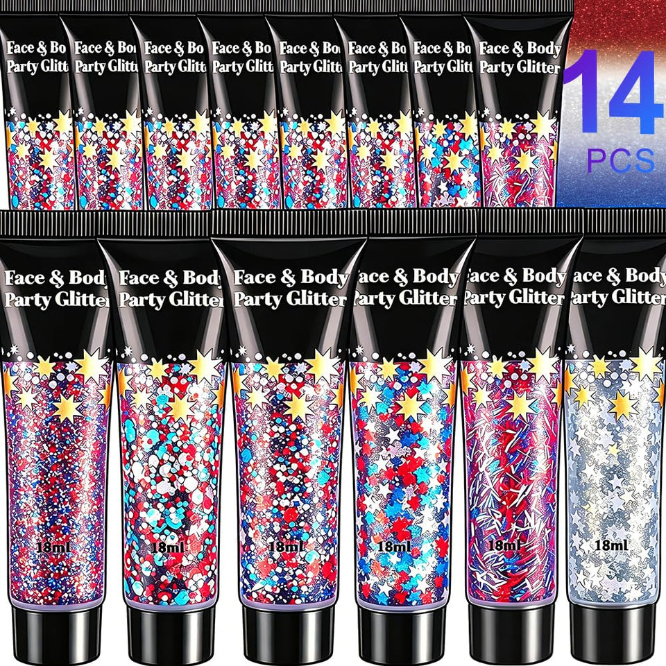 AROIC front packaging showing 14-piece patriotic glitter set and variety