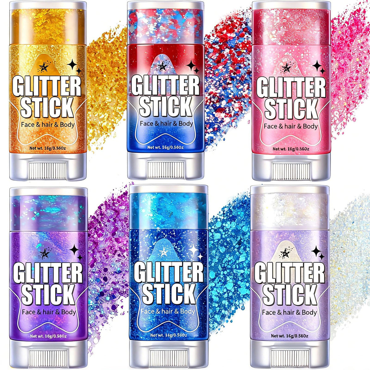 AROIC front packaging showing six glitter sticks, vibrant colors and compact design