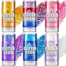 AROIC front packaging showing six glitter sticks, vibrant colors and compact design