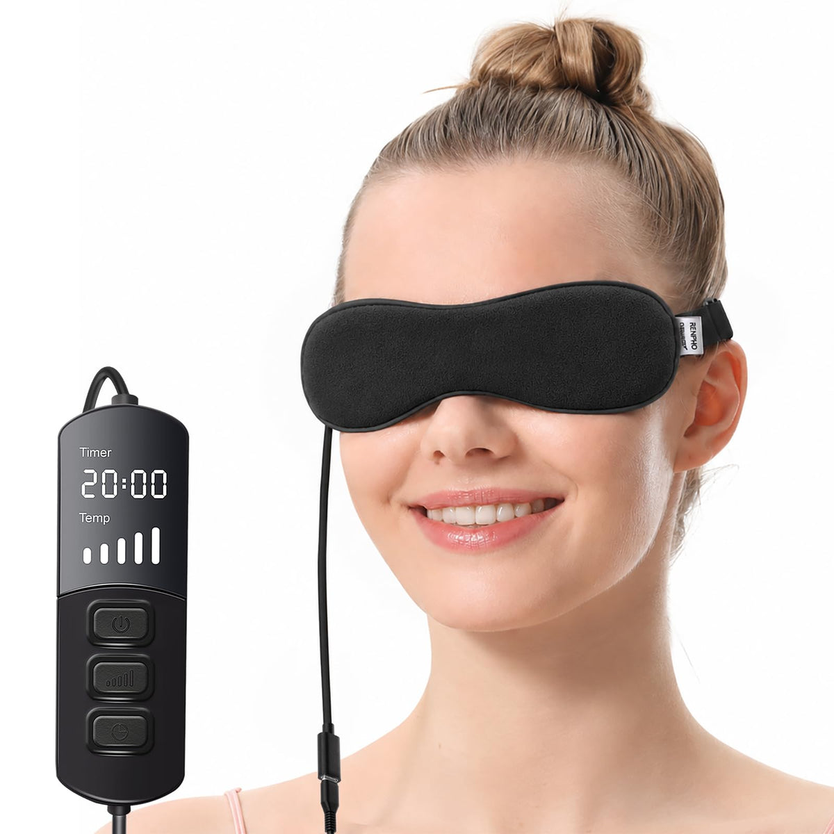 Aroma Season front view black heated eye mask showing comfortable fit