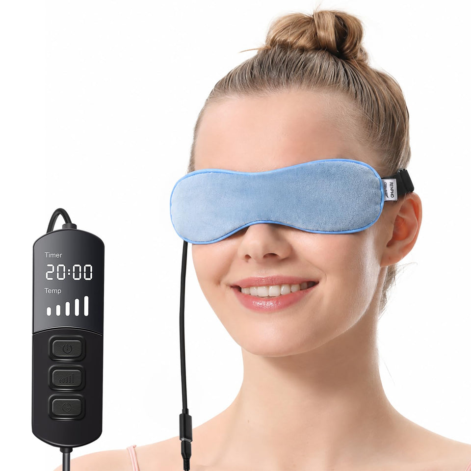 Aroma Season front view blue heated eye mask showing comfortable shape and fit